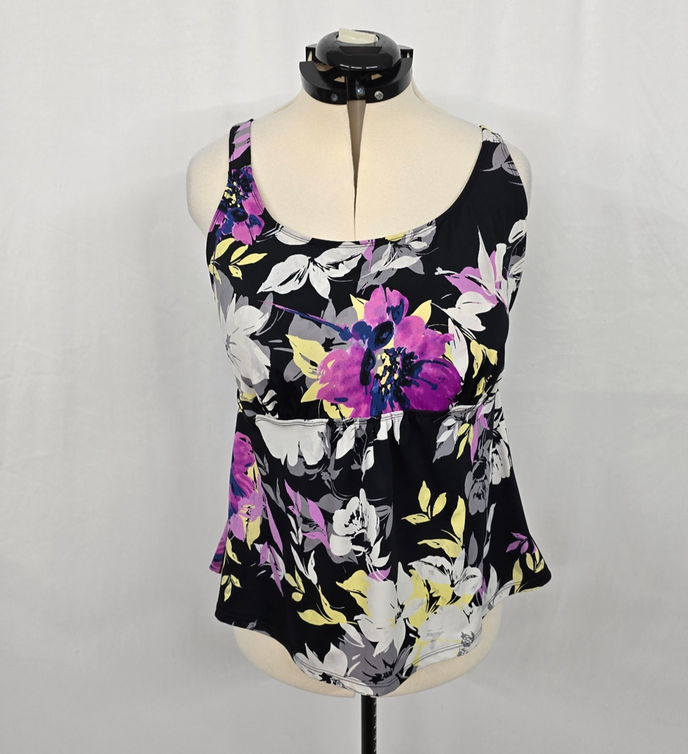Beach Belle Tankini Swim Top Women's 20 Black Purple Floral Print